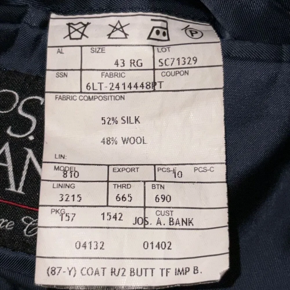 Jos. A. Bank Blue Check Mens 43R 100% Wool Blazer Sport Coat Suit Jacket Plaid
